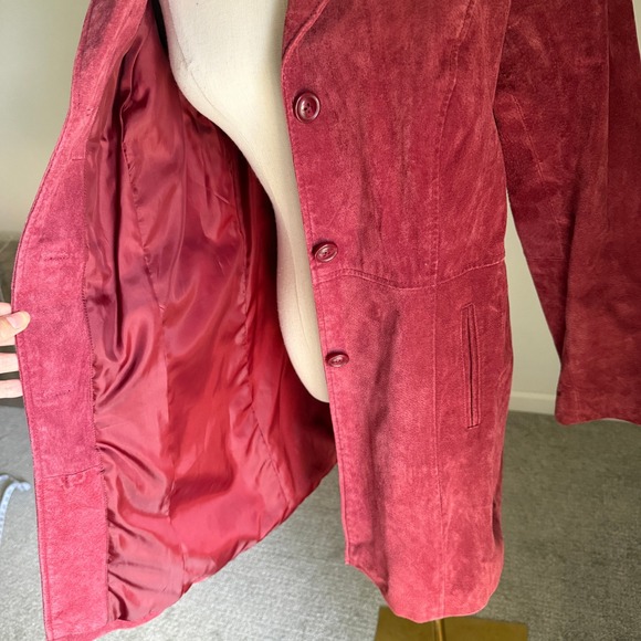 Burgundy 100% Leather Suede Trench Coat Jacket Small Denim & Co Academia Boho - Picture 6 of 16